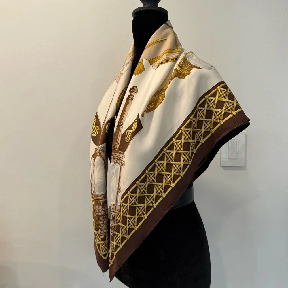 Hermes Paris Silk Scarf with Gold and Brown 34”